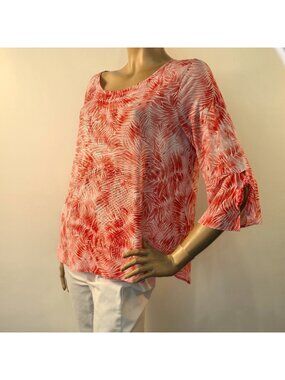 Clara Sun Woo Top Women’s Size L Coral Orange Palm Leaf Print Flouncy Sleeve